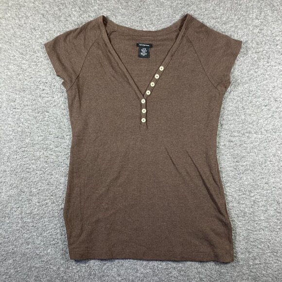 Y2K Calvin Klein Jeans Baby Tee Womens XL Extra Large Brown Henley Long Length - Picture 1 of 9